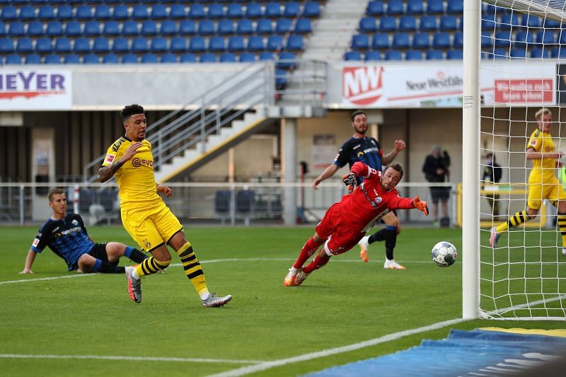 Jadon Sancho of Borussia Dortmund scores against SC Paderborn 07